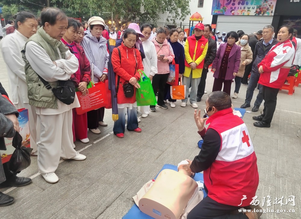 图为隆林各族自治县红十字会志愿者为群众演示人工呼吸急救法