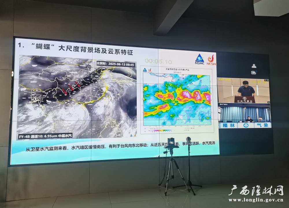 隆林各族自治县气象局黄河局长和气象台值班员参加中国气象局组织的台风“蝴蝶”及强降水加密会商