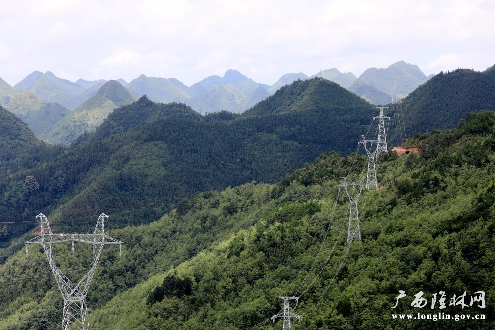隆林各族自治县映山岭风电场配套输出工程220千伏映句线正沿着山间把清洁能源送往千家万户。王亚玲  摄